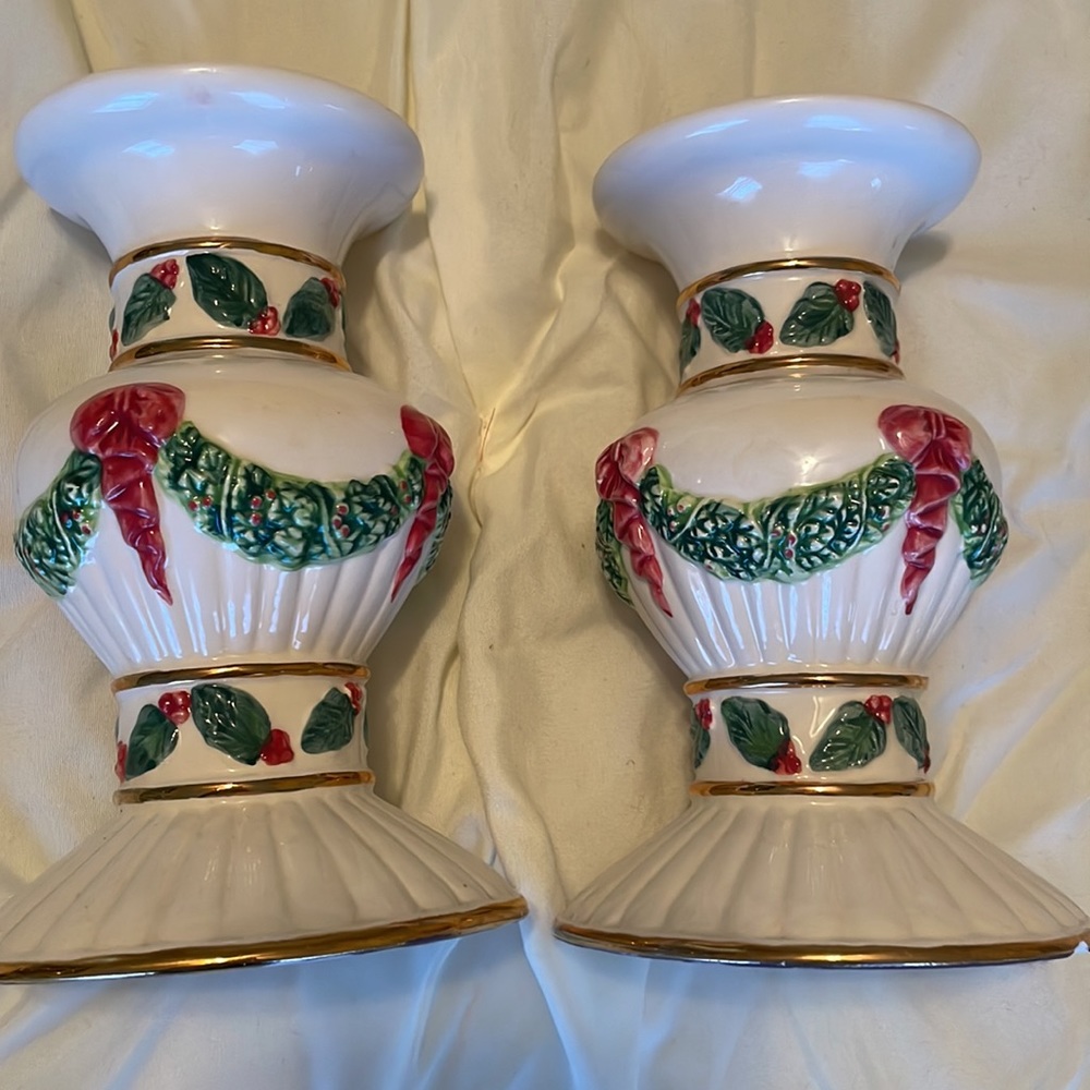 Ivory Vintage Christmas Candle Holders w/ Gold Trim